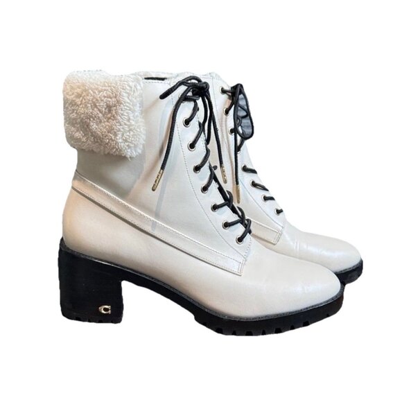 COACH Women's White Leather Jill Booties Size 8 Block Heel Winter Ankle Boots - Picture 6 of 13